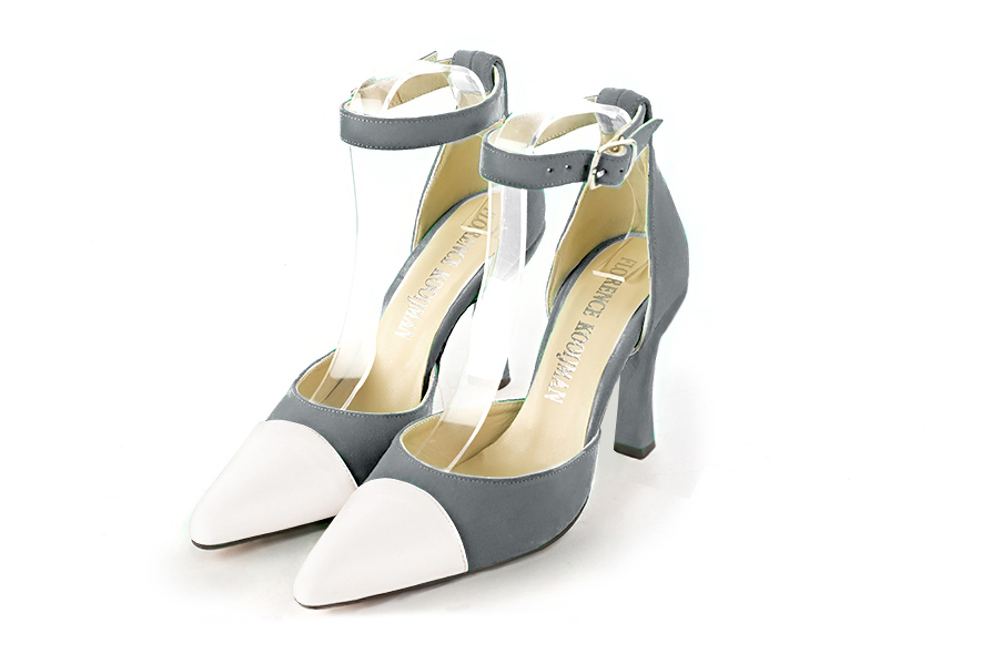 Women's off-white and gray d'orsay ankle strap pumps with almond toe and high spool heel - Front view
